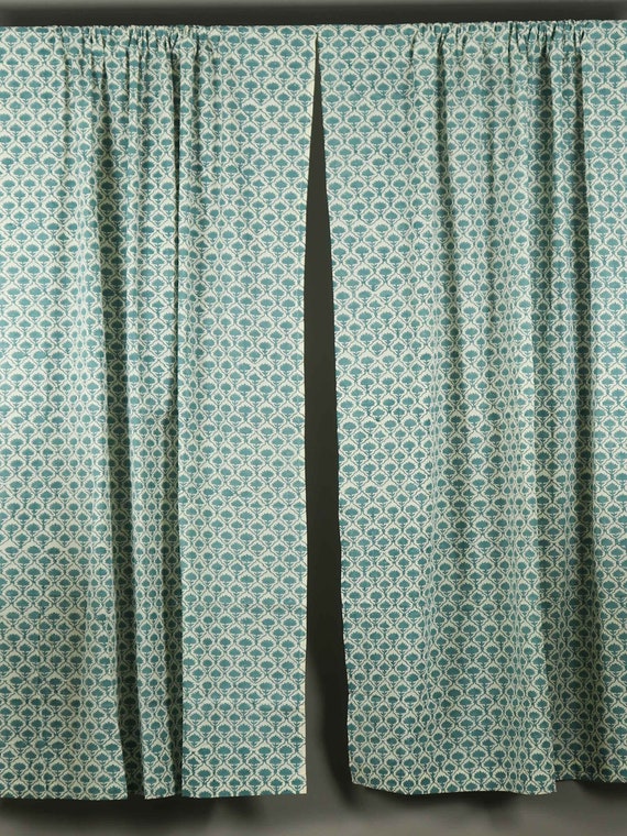 Living Room Curtains, Mint Grey Kalamkari, Hand Block Printed Organic Cotton, Rod Pocket Drapes