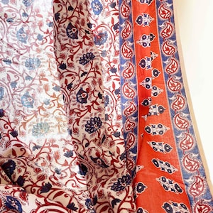 Blue and Red Soft Cotton Hand Block Printed Curtain Set Of Two Panels with Wide border Detail on both sides, 44x84 Inches (WxL)