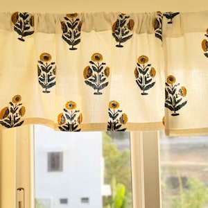 Mustard Blue Valance, Cafe Curtains, Small Size Curtains, Kitchen Curtains, Select from various length options