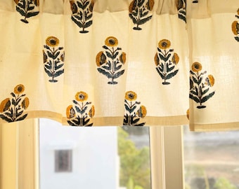 Mustard Blue Valance, Cafe Curtains, Small Size Curtains, Kitchen Curtains, Select from various length options