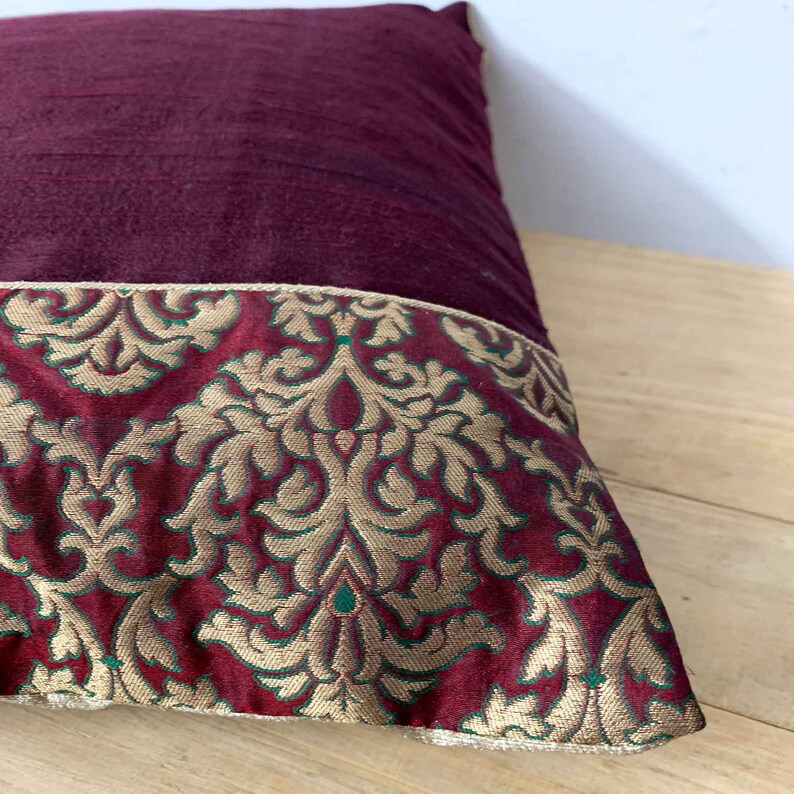 Handmade Silk Throw Pillow Brown Embellished Tussar Pure Silk Pillow Cover Decorative Silk Cushion Cover Warming Gift Silk Pillow Cover