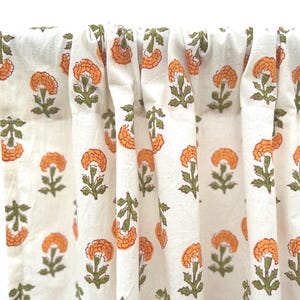 Orange Ringelblumen Handblock Gedruckt Bio-Baumwolle Vorhang Paneele, Stange Tasche Vorhänge, 2 Paneele