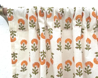 Orange Marigold Hand Block Printed Organic Cotton Curtain Panels, Rod Pocket Drapes, 2 Panels