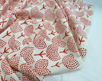 Floral Print Orange Cotton Fabric, Hand Block Printed Yardage