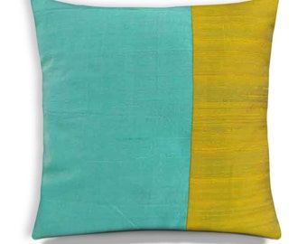 Mint and Olive Color Block Raw Silk Pillow Cover-Silk Cushion Cover-Decorative Throw Pillows-Handmade Silk Pillow-Housewarming Gift