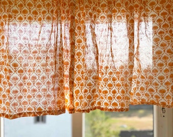 Kitchen Valance, Cafe Curtains, Mustard Cotton Block Printed Valance
