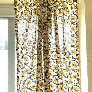 Floral Print Yellow and Green Cafe Curtains Set Of Two, French cafe style curtain, Indian Block Print Cafe Curtains Set Of Two
