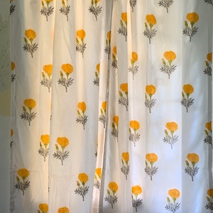 Cotton Curtain Panels Set Of Two Panels, HandBlockPrinted Curtains in Marigold Print, Yellow Floral Block Print Curtain Set Of Two.