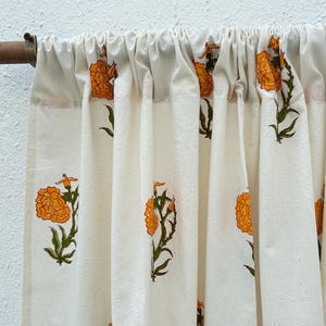 Orange Marigold Hand Block Printed Organic Cotton Cafe Curtains, Rod Pocket Valance, 2 Panels