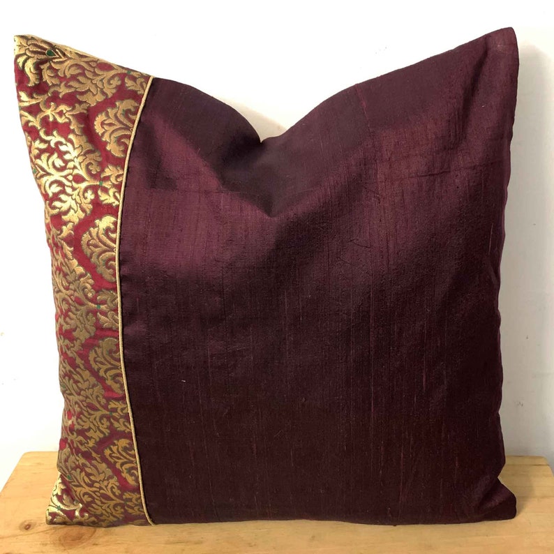 Handmade Silk Throw Pillow Brown Embellished Tussar Pure Silk Pillow Cover Decorative Silk Cushion Cover Warming Gift Silk Pillow Cover