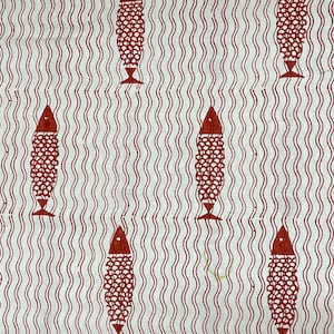 Tissu en coton rouille, motif poisson dans l'eau, impression à la main, tissu pour chambre d'enfant