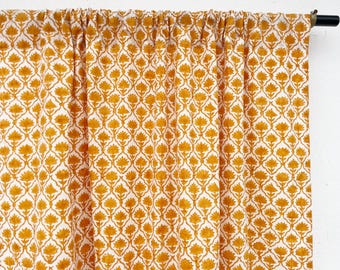 Boho Style Mustard Kalamkari Hand Block Print Cotton Curtains, 2 Panels
