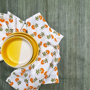 Orange Marigold Linen Dinner Napkins, Hand Block Print Set
