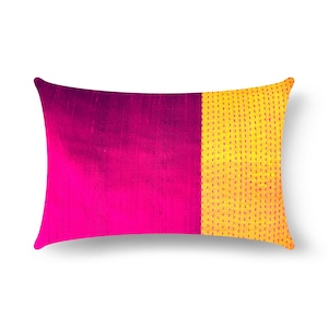 Fuchsia Yellow Raw Silk Kantha Pillow Cover - House Warming Gift - Handmade Silk Throw Pillow - Decorative Silk Cushion Cover - Housewarming