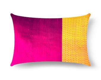 Handmade Kantha Raw Silk Lumbar Pillow Cover - Fuchsia and Yellow (12x20 inch)