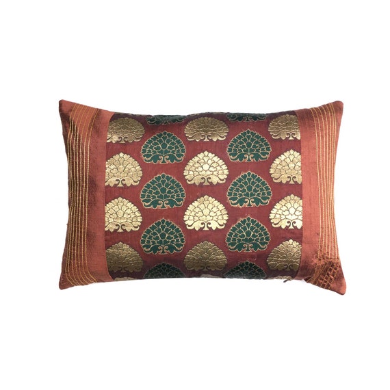 Brown and Gold Silk Lumbar Pillow Handmade Pure Silk Pillow | Etsy