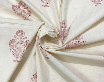 Hand Block Printed Linen Fabric, Muted Red Floral, Upholstery Fabric