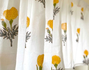 Yellow Marigold Hand Block Print Valance, Cafe Curtains, Small Size Curtains, Kitchen Curtains, Select From Different Length Options