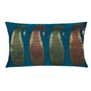 Bottle Green and Gold Silk Lumbar Pillow Cover - Handmade Silk Pillow - Decorative Pillow Cover - Living Room Decor - Lumbar Cushion Cover