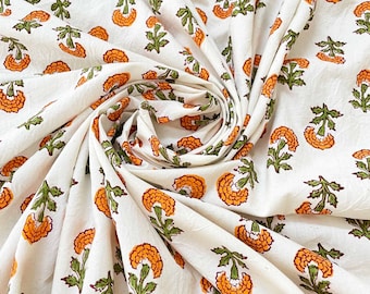 Hand Block Print Organic Cotton Fabric – Orange Marigold Floral