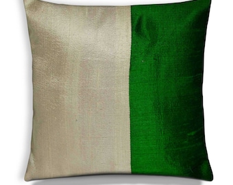 Green and Beige Raw Silk Pillow Cover - Handmade Silk Cushion Cover - Decorative Throw Pillow Cover - Wedding Decor - Living Room Decoration