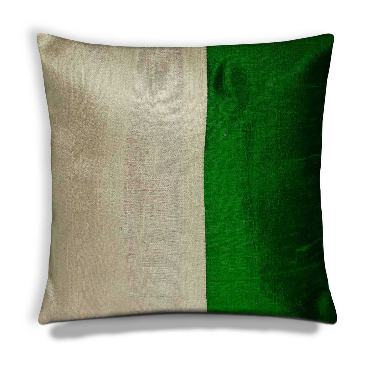 Handmade Green & Beige Raw Silk Pillow Cover