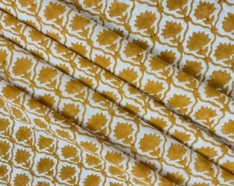 Mustard Floral Cotton Fabric - Hand Block Printed Kalamkari Fabric Yard