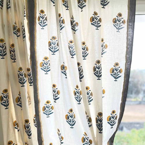 Mustard + Blue Poppy Flower Hand Block Printed Cotton Curtain Panels, Organic Cotton Drapes, Living Room Drapes, Custom Made, 2 Panels