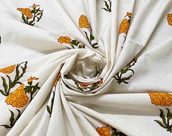 Hand Block Printed Marigold Fabric - Organic Cotton Yardage