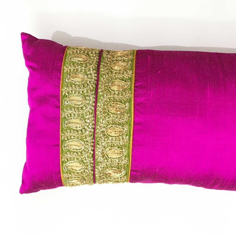 Decorative Lumbar Pillow Fuchsia Olive Gold 100 Pure Silk Etsy
