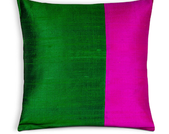 Hot Pink and Emerald Green Color Block Raw Silk Pillow Cover-Silk Cushion Cover-Decorative Throw Pillow