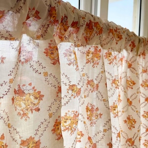 Kerala Style Floral Hand Block Printed Cotton Valance , Hand Block Printed Valance, Set Of Two Panels Cafe Curtains, Each 42x30 (WxL)