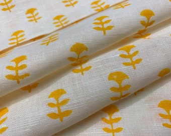 Yellow and Cream Hand Block Printed Linen Fabric, Extra Wide Linen By Yard, Curtain Fabric Options Available , Handmade Upholstery Fabric