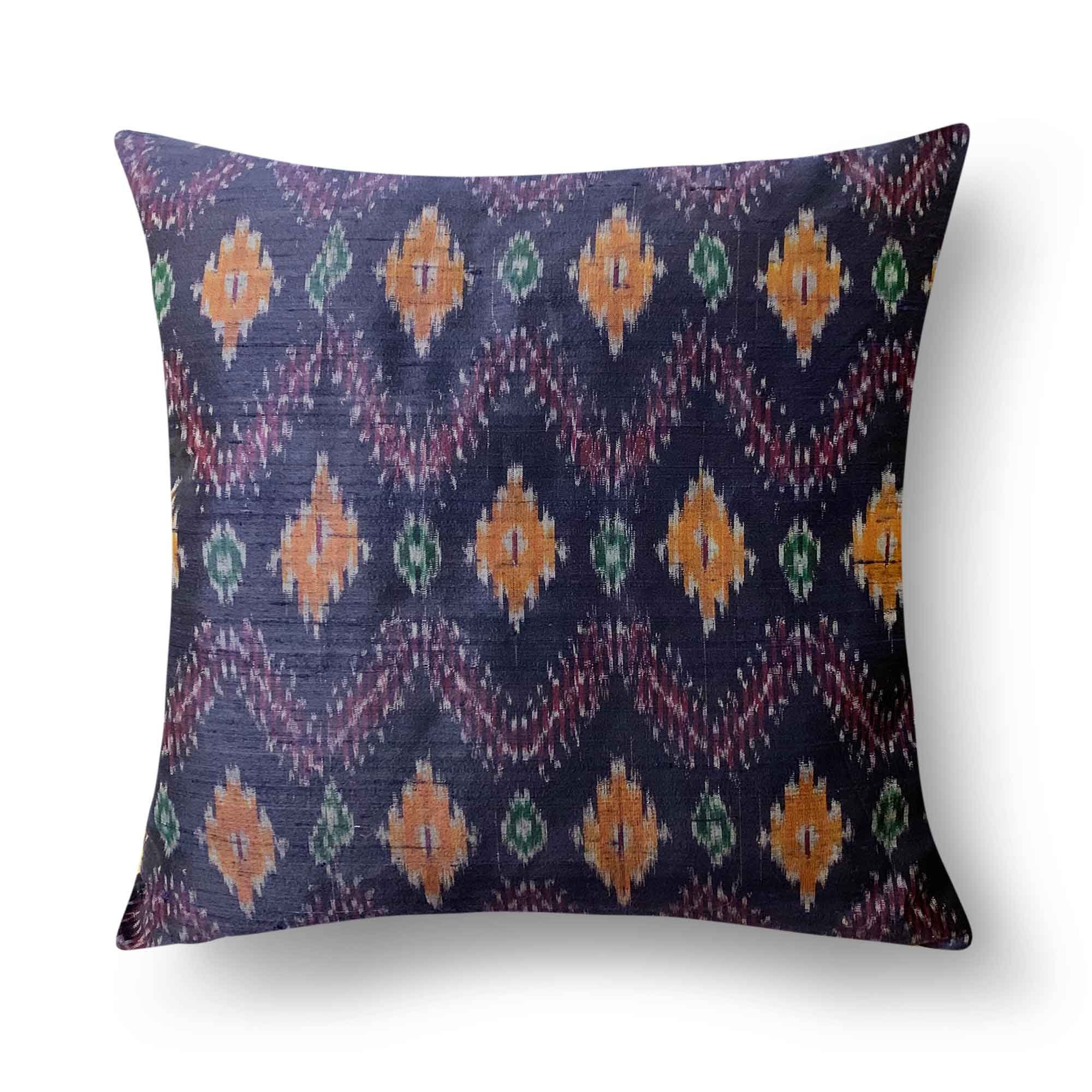 Navy Ikat Weaving Silk Pillow - Handmade Pure Silk Pillow - Decorative Pillow Cover - Living Room Decor - Navy and Mustard Pure Silk Pillow