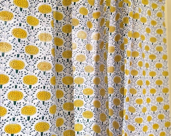 Yellow Marigolds Hand Block Printed Cotton Valance, Cafe Curtains