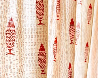 Hand Block Printed Rust Fish Organic Cotton Curtains, Rod Pocket Drapes (2 Panels)