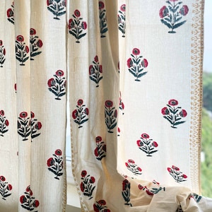 Red + Blue Poppy Flower Hand Block Printed Cotton Curtains, Organic Cotton Shades, Organic Cotton Drapes, Various Sizes Available