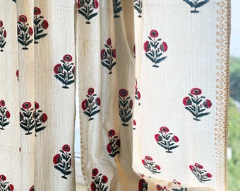 Red + Blue Poppy Flower Hand Block Printed Cotton Curtains, Organic Cotton Shades, Organic Cotton Drapes, Various Sizes Available