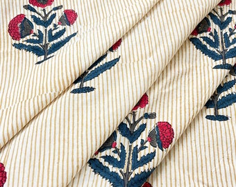 Hand Block Printed Cotton Fabric, Red+Blue Poppy Design, Soft Cotton Yardage