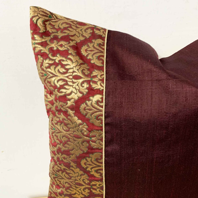 Handmade Silk Throw Pillow Brown Embellished Tussar Pure Silk Pillow Cover Decorative Silk Cushion Cover Warming Gift Silk Pillow Cover