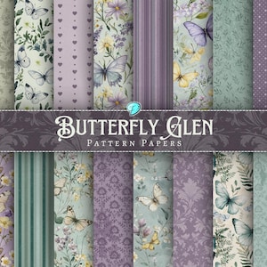 May include: A set of 16 digital paper patterns featuring butterflies, flowers, and various textures in shades of purple, green, and white. The papers are labelled "Butterfly Glen Pattern Papers".
