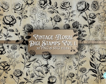 Vintage Floral digi Stamps Vol 1. | digital | overlay | distressed | junk journal | scrapbook | ephemera | vintage | ink | print | flower