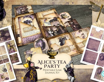 Alice&#39;s Tea Party Junk Journal Folio Kit | Printable | vintage | ephemera | tutorial video | Journal DIY | Shabby Chic | Junk Journal Kit