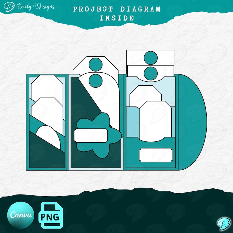 Pu&ograve; includere: Un diagramma di progetto verde acqua e bianco con la scritta "PROJECT DIAGRAM INSIDE". Il diagramma &egrave; un design a strati con forme geometriche ed elementi decorativi. L'immagine include anche i loghi Canva e PNG.