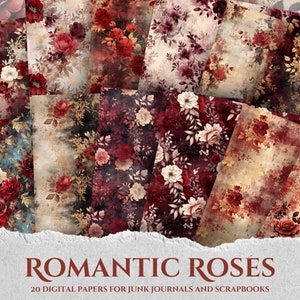 Romantic Roses Printable Digital Papers: Scrapbook Paper, Printable Paper, Shabby chic, junk journal, vintage florals, flowers, ephemera