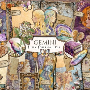 Kit de journal indésirable Gemini | album de découpures | fabrication de cartes | millésime | éphémères | imprimable | céleste | du zodiaque | horoscope | signe astrologique | des jumeaux