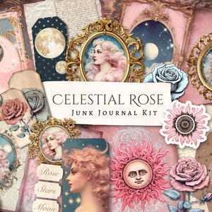 Kit diario spazzatura rosa celeste / Vintage / Luna / Rosa / Shabby Chic / Floreale / Effimero / Scrapbook / Creazione di cartoline / Mestiere con la carta / Cricut