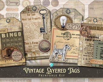 May include: Vintage printable layered tags with a variety of designs, including a bingo card, a key, a lightbulb, a dog, and a theater ticket. The tags are in a distressed, aged style with brown, white, and black colors.