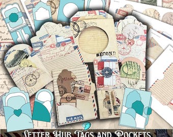 Kit imprimible de etiquetas y bolsillos Letter Hub / correo aéreo / sellos / diario basura / álbum de recortes / efímera / vintage / postal / oficina de correos