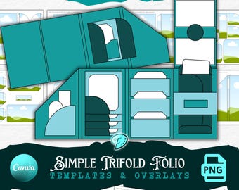 Può includere: Un modello di Simple Trifold Folio verde acqua e azzurro con modelli e overlay. Il design include varie tasche e fessure per carte. I loghi Canva e PNG sono visibili.